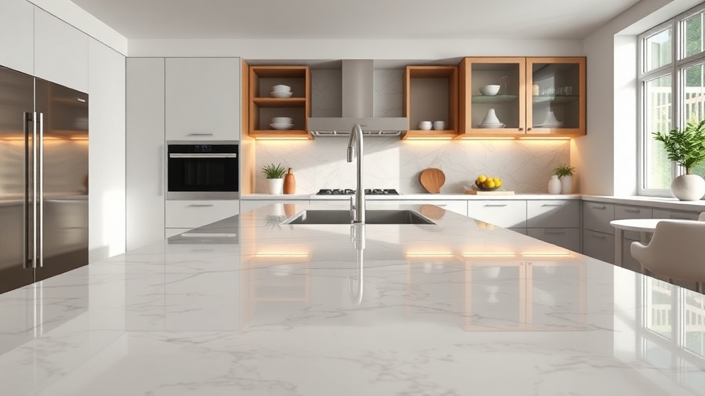 밝은 조명이 비추는 현대적인 주방에 설치된 고급스러운 쿼츠 조리대 상판의 전체적인 모습
