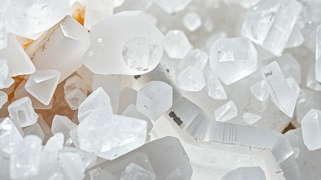 고순도 석영 결정체와 엔지니어드 스톤의 단면 구조를 보여주는 이미지